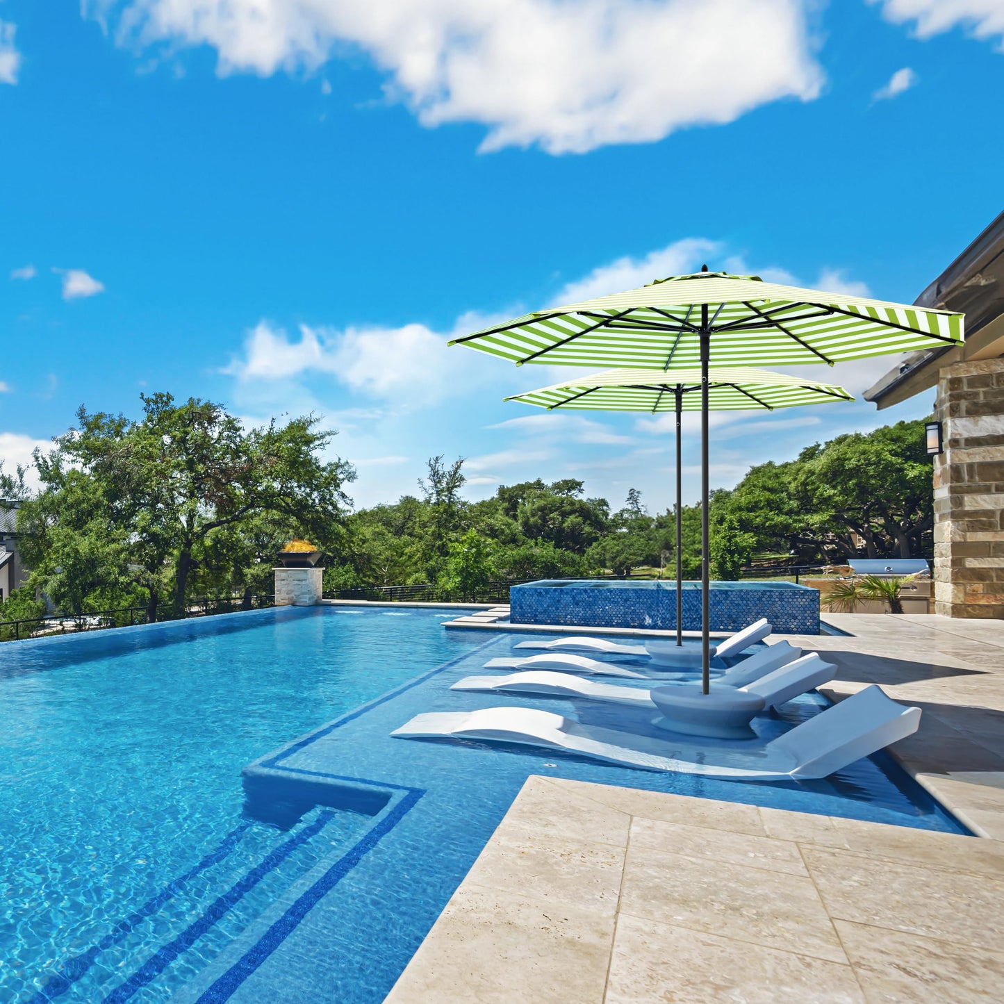 Midtown Umbrellas Push and Pop 9 Feet Outdoor Umbrella With Terylast Black/White Stripes Polyester Fabric - Fiberglass Ribs Deck Patio, Backyard, Garden & Pool - Silver Pole