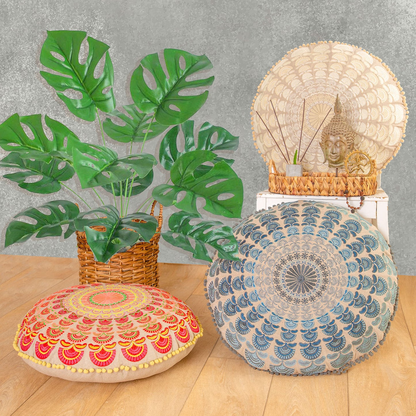 Large Round Floor Pillow Cover Blue Indian Décorative Accent Meditation Cushion Perfect for Living Room, Bedroom, Nursary or Children Room Seating Area Stool Footstool Pouf Ottoman 24x8 Unstuffed